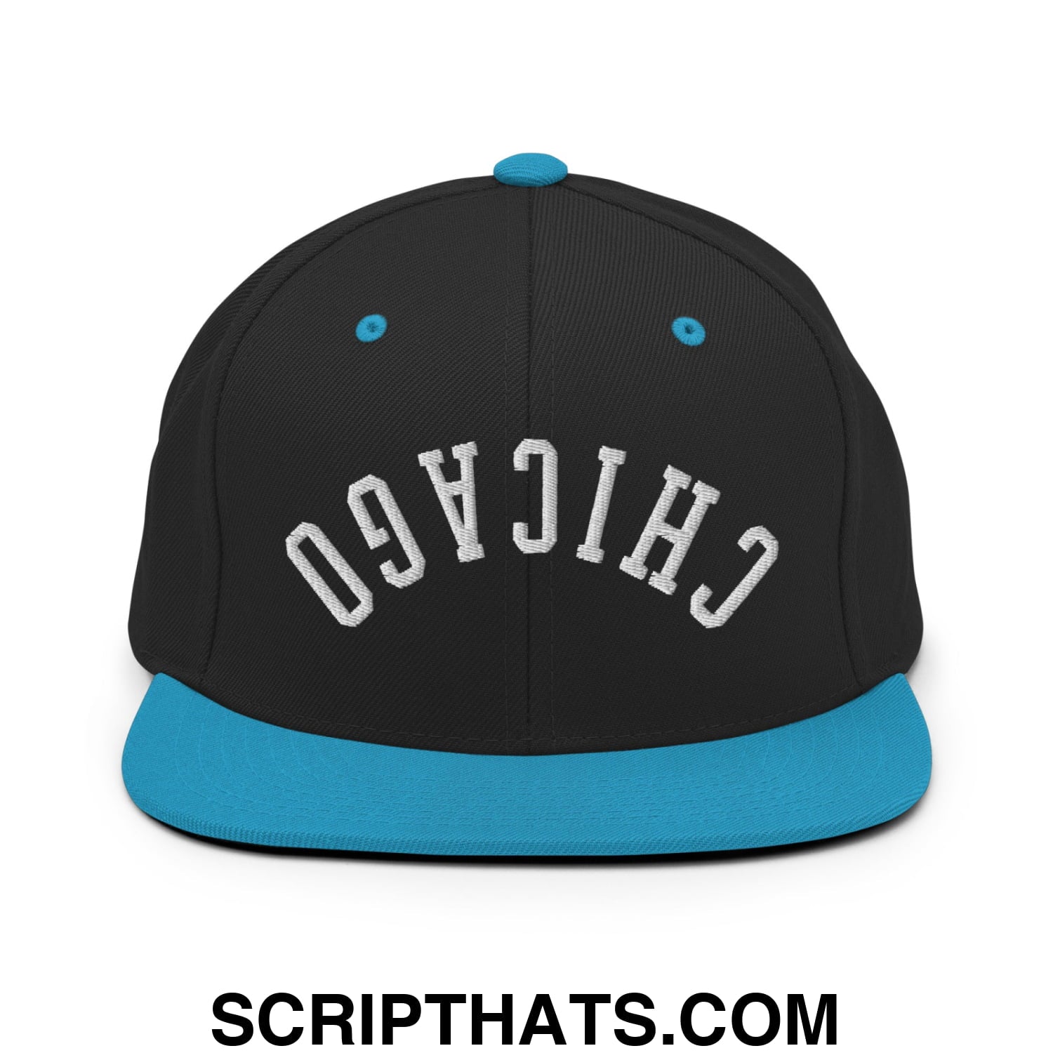Upside Down Chicago Embroidered Flat Bill Brim Snapback Hat Black Teal