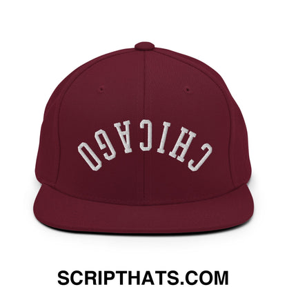 Upside Down Chicago Embroidered Flat Bill Brim Snapback Hat Maroon