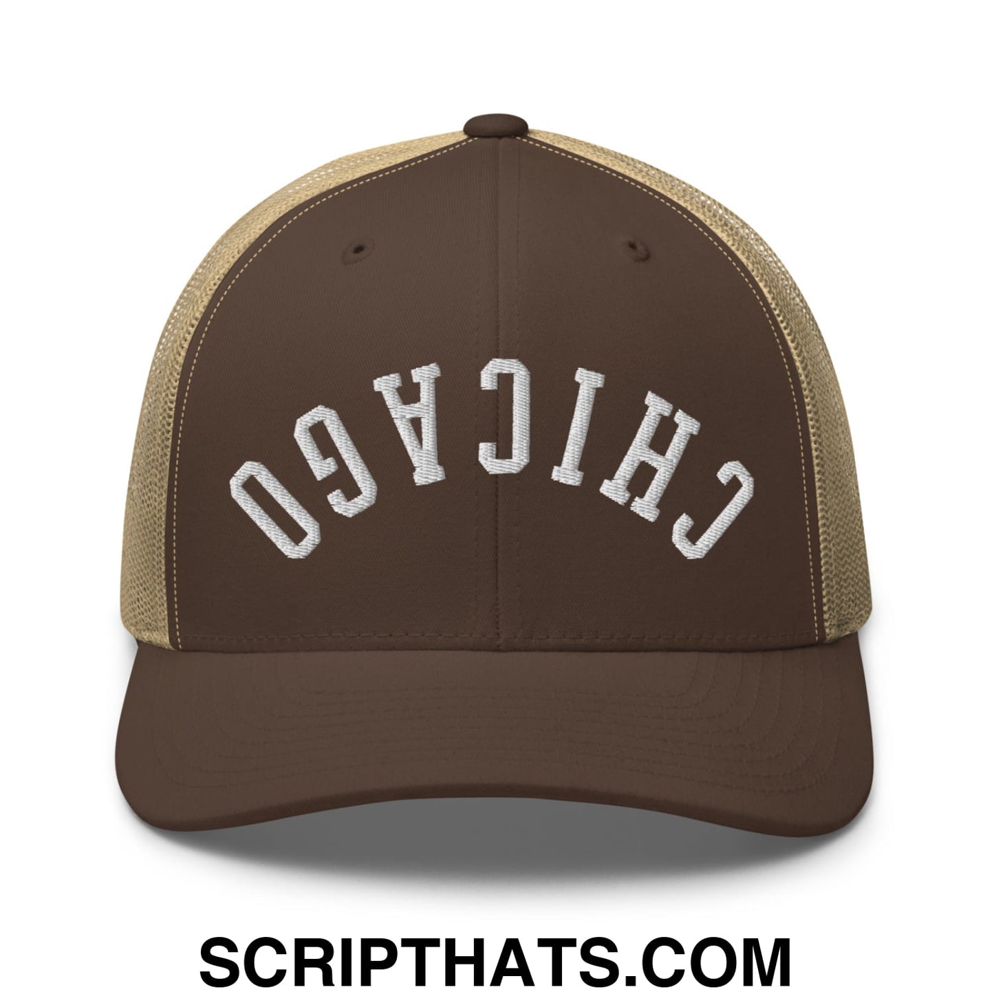 Upside Down Chicago Embroidered Mesh Trucker Hat Brown Khaki