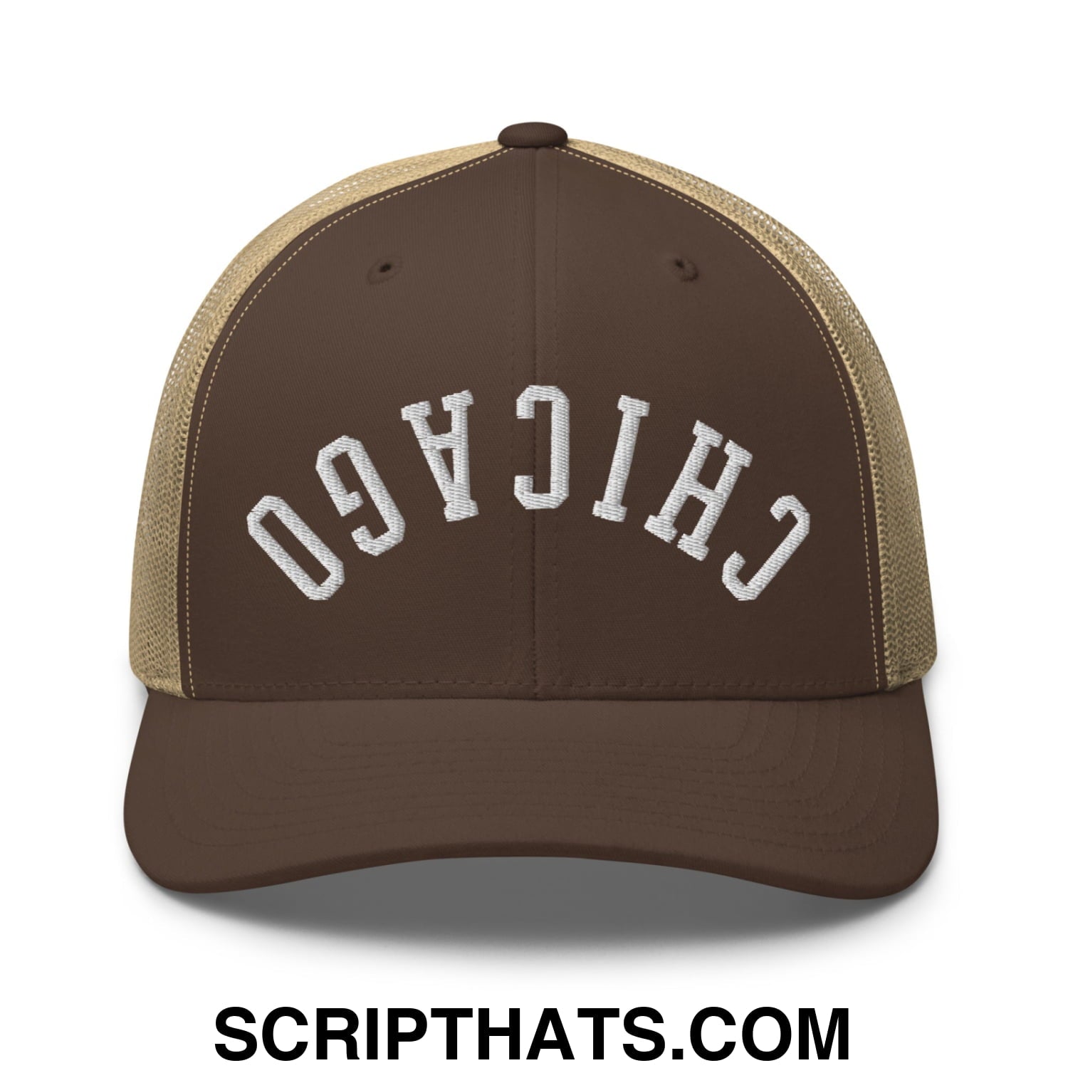 Upside Down Chicago Embroidered Mesh Trucker Hat Brown Khaki