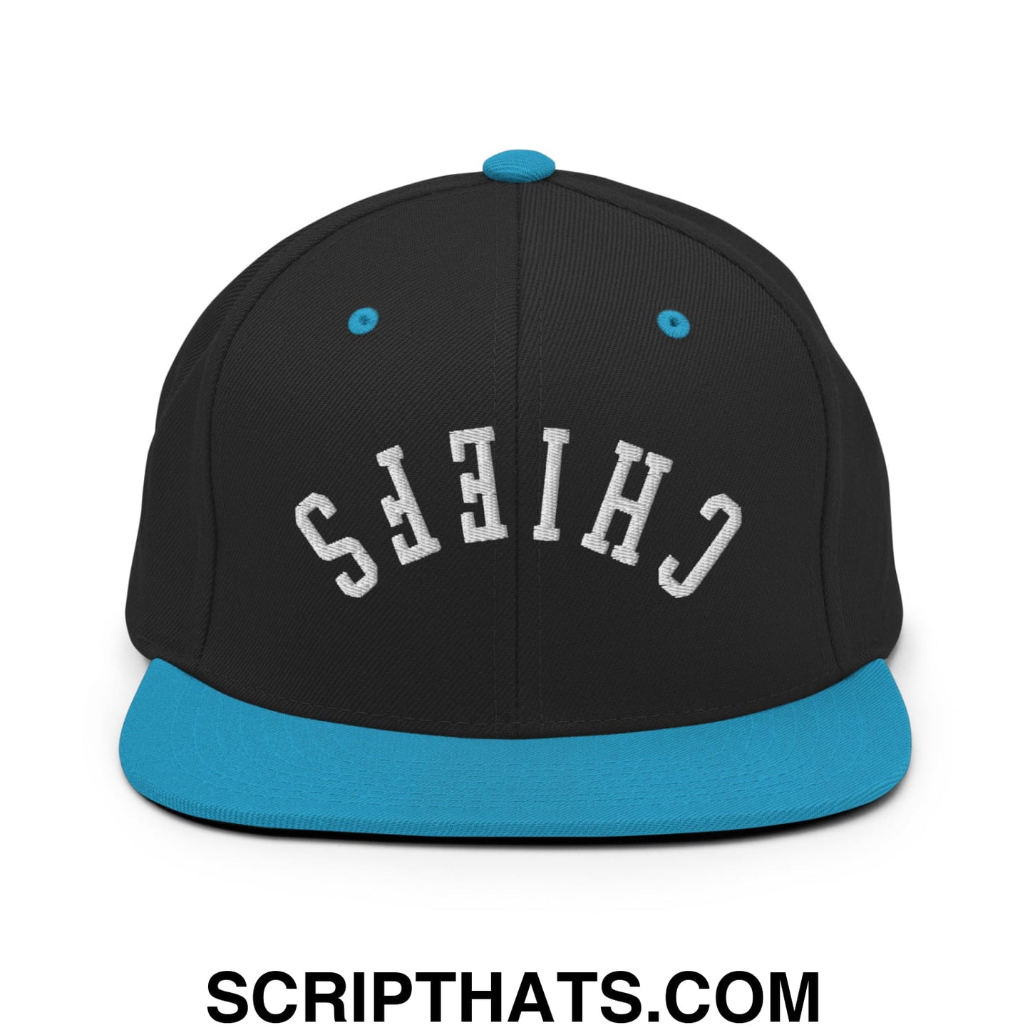 Black snapback cap with teal flat bill and button featuring chiefs embroidered in white arched lettering on front