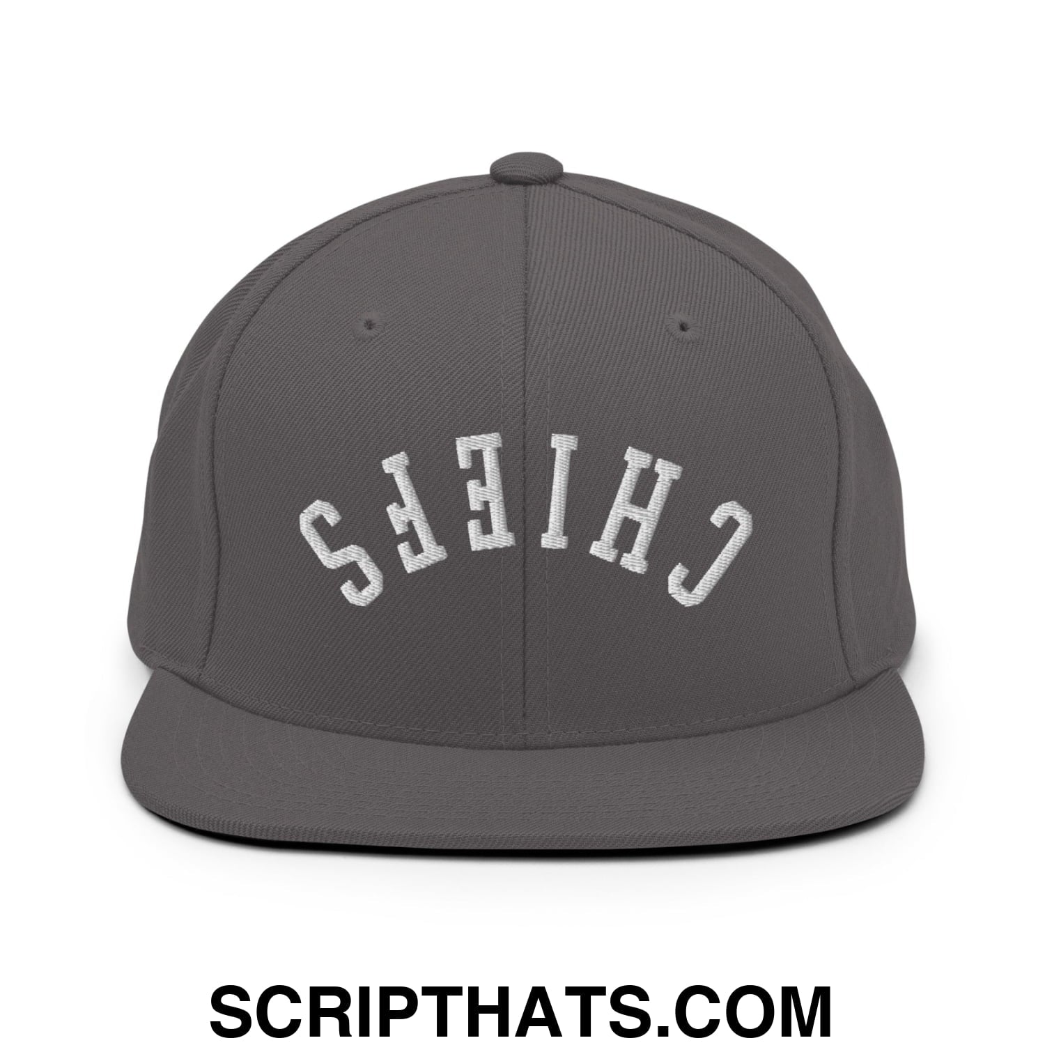 Gray snapback cap with white embroidered chiefs lettering in an arched design and flat bill brim