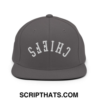 Gray snapback cap with white embroidered chiefs lettering in an arched design and flat bill brim