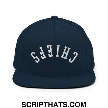 Navy blue snapback hat with white arched chiefs embroidery and flat bill brim perfect for casual wear