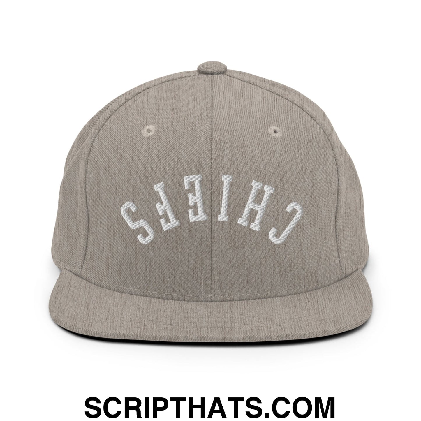 Gray heathered snapback cap with white embroidered chiefs lettering and flat bill brim in an upside down design