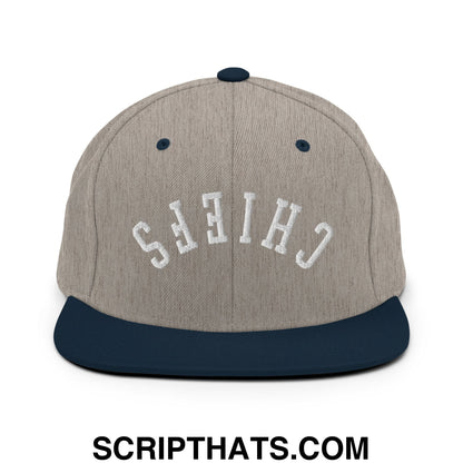 Gray and navy blue snapback hat with chiefs embroidered in white arched lettering and flat bill brim