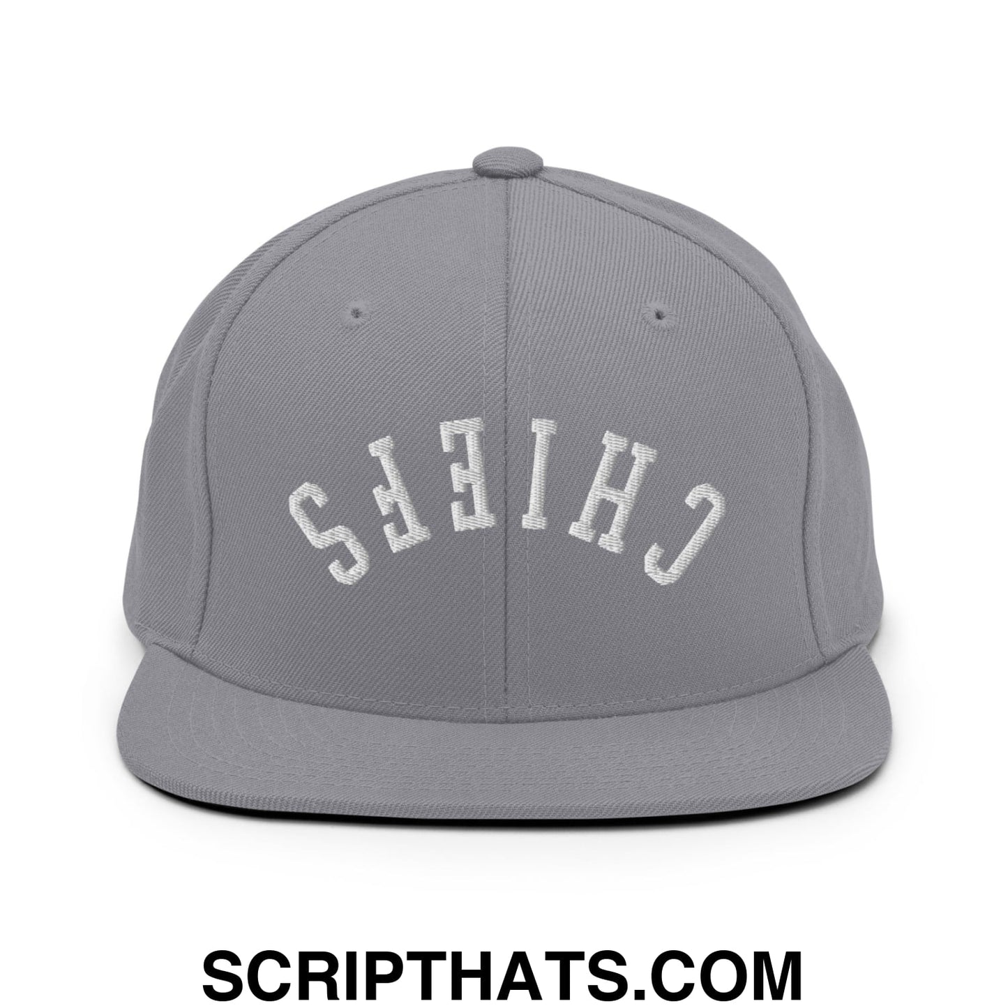 Gray snapback cap with white embroidered chiefs lettering in an arched design and flat bill brim
