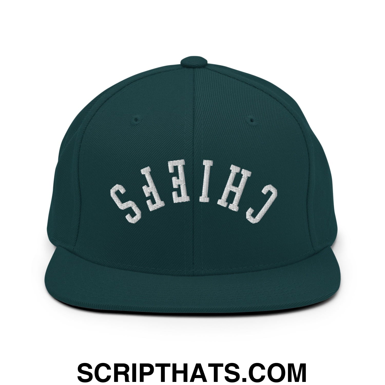 Dark green snapback hat with white embroidered upside down chiefs lettering and flat bill brim design