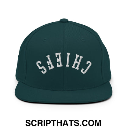 Dark green snapback hat with white embroidered upside down chiefs lettering and flat bill brim design