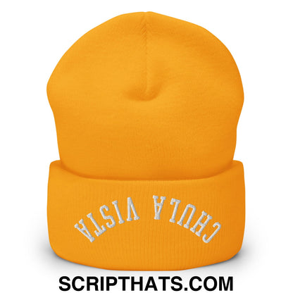 Upside Down Chula Vista Embroidered Knit Cuffed Beanie Gold