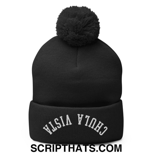 Upside Down Chula Vista Embroidered Knit Pom Pom Beanie Black