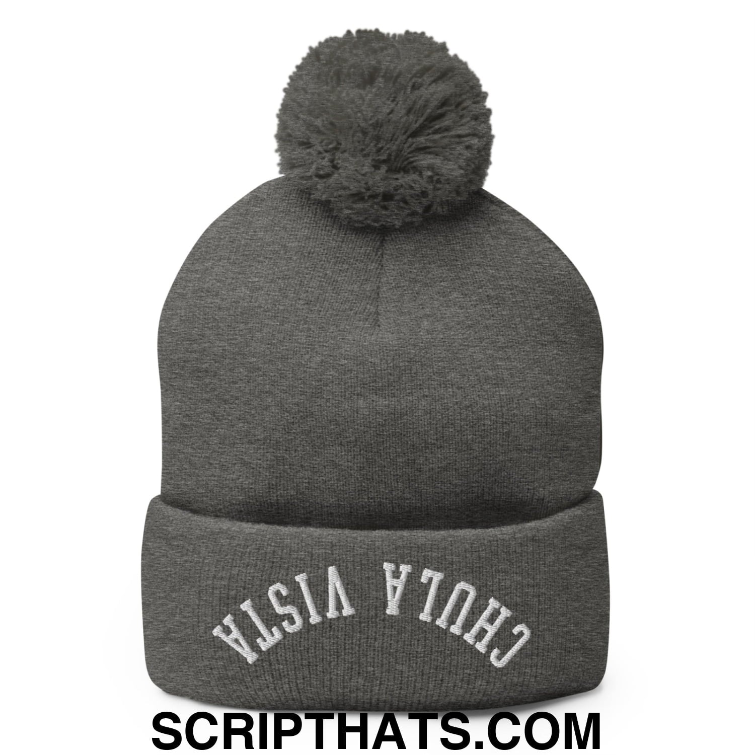 Upside Down Chula Vista Embroidered Knit Pom Pom Beanie Dark Heather Grey