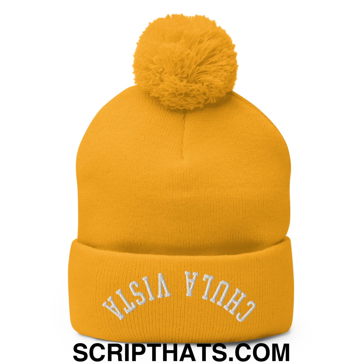Upside Down Chula Vista Embroidered Knit Pom Pom Beanie Gold