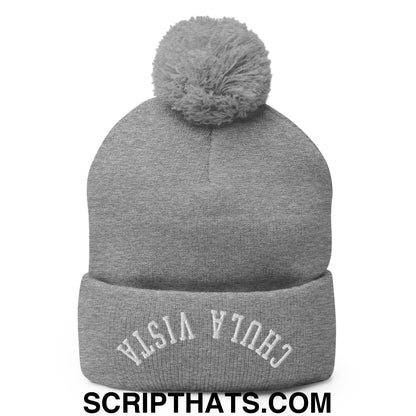 Upside Down Chula Vista Embroidered Knit Pom Pom Beanie Heather Grey