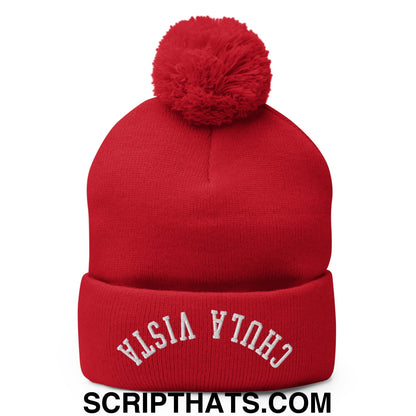 Upside Down Chula Vista Embroidered Knit Pom Pom Beanie Red