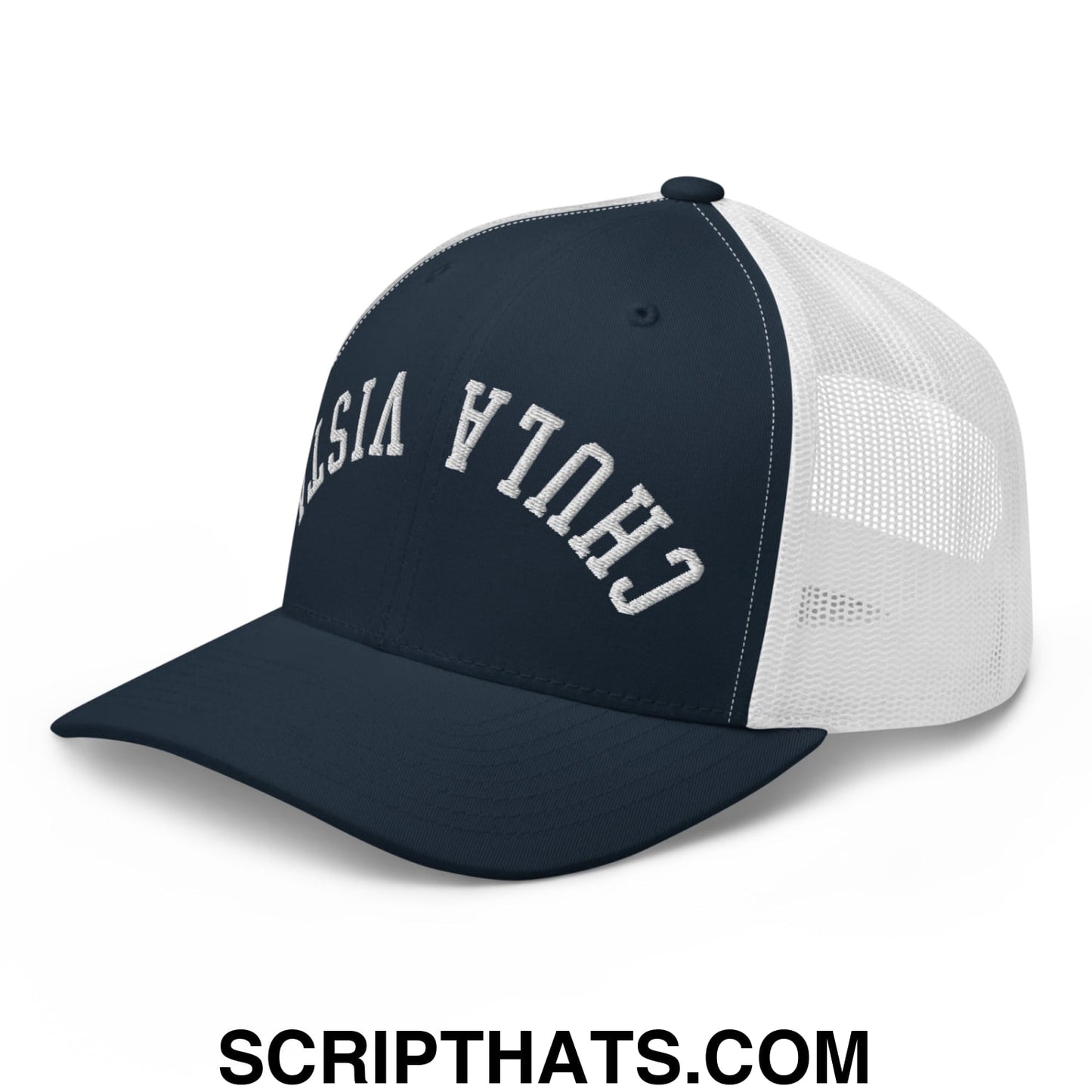 Upside Down Chula Vista Embroidered Mesh Trucker Hat Navy White