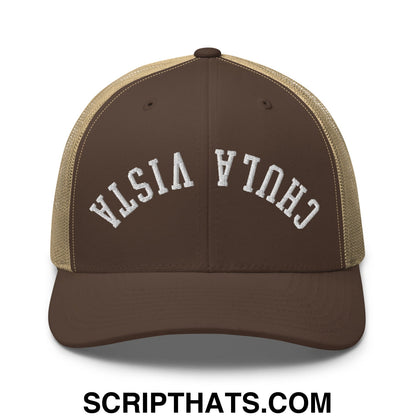 Upside Down Chula Vista Embroidered Mesh Trucker Hat Brown Khaki