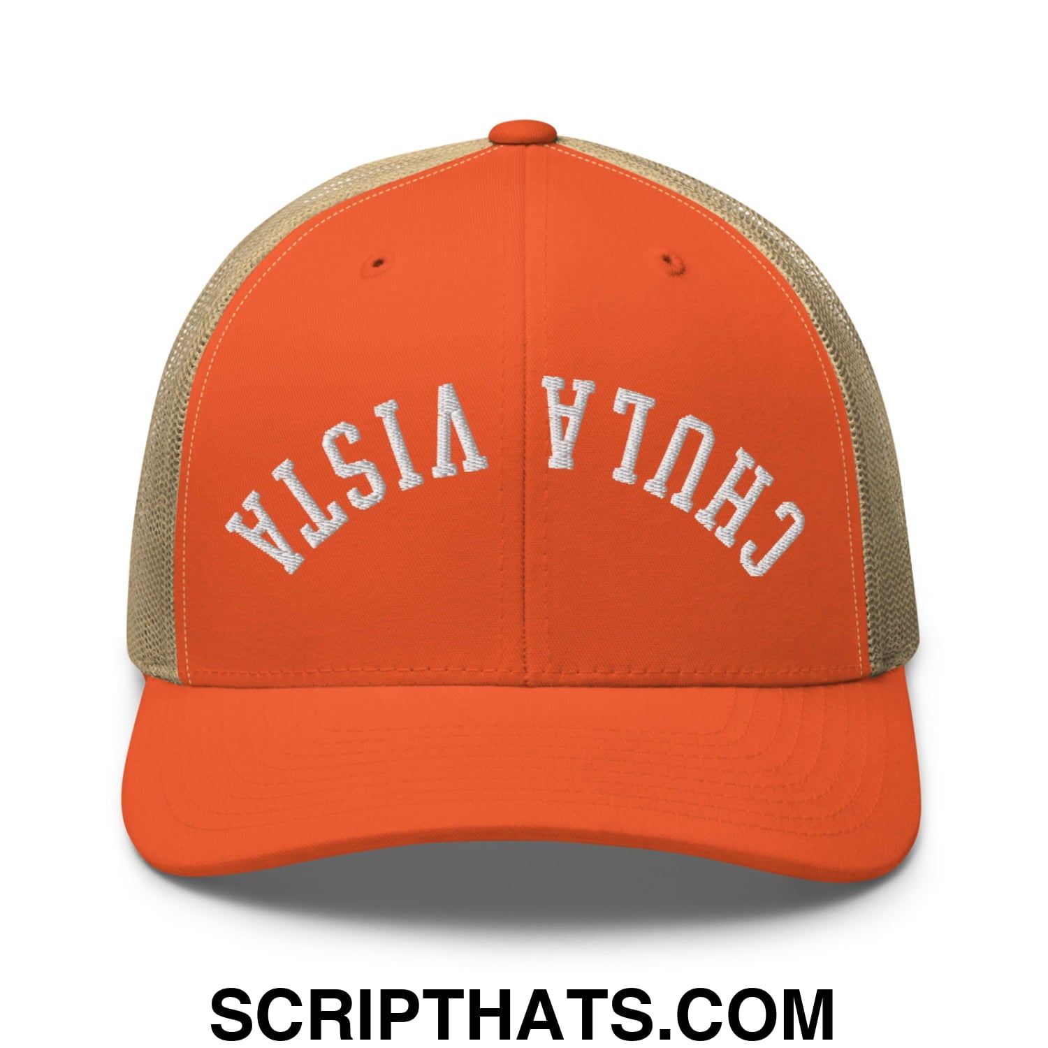 Upside Down Chula Vista Embroidered Mesh Trucker Hat Rustic Orange Khaki
