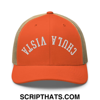 Upside Down Chula Vista Embroidered Mesh Trucker Hat Rustic Orange Khaki