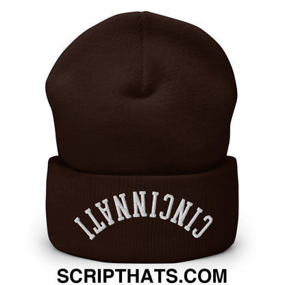 Upside Down Cincinnati Embroidered Cuffed Knit Beanie Brown