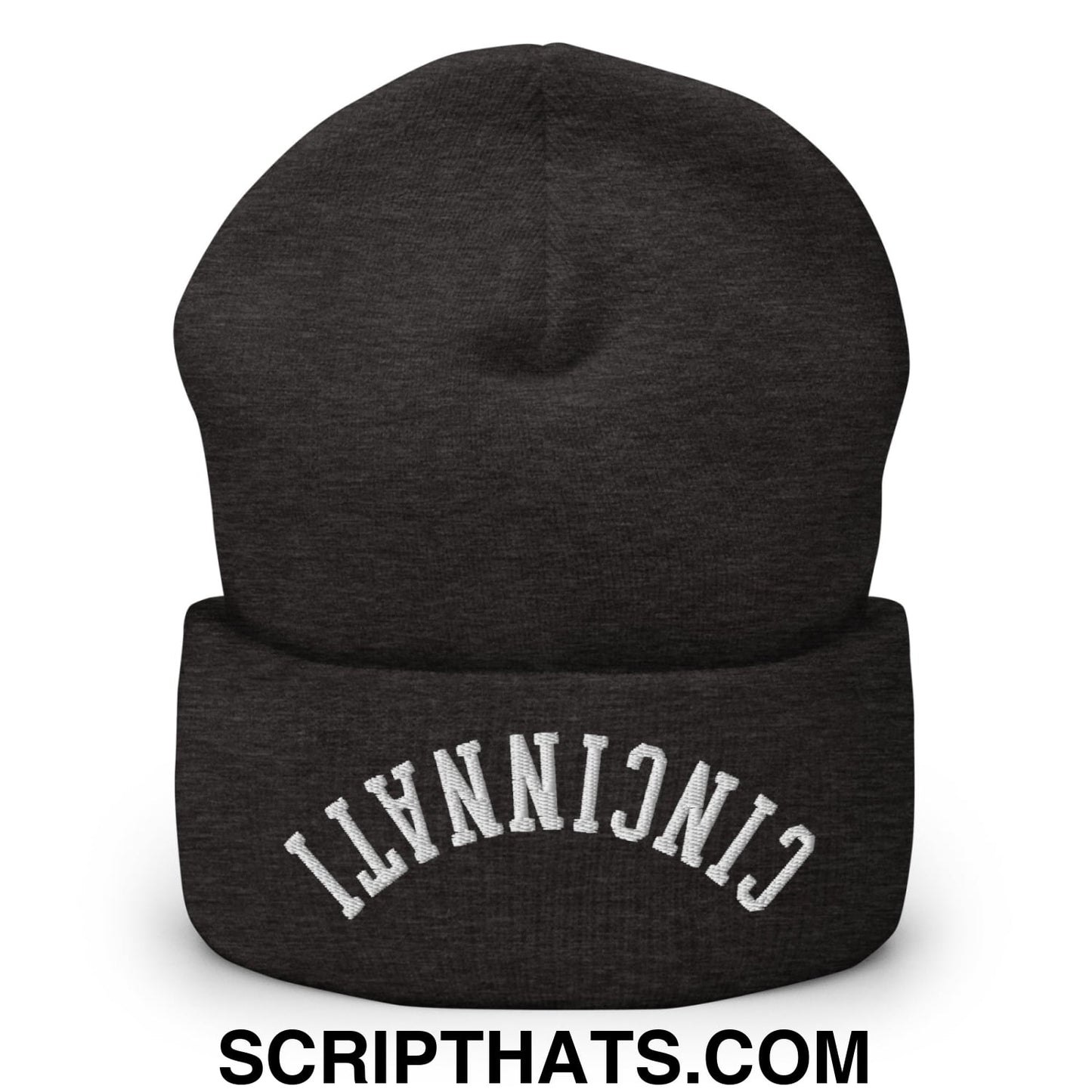 Upside Down Cincinnati Embroidered Cuffed Knit Beanie Dark Grey