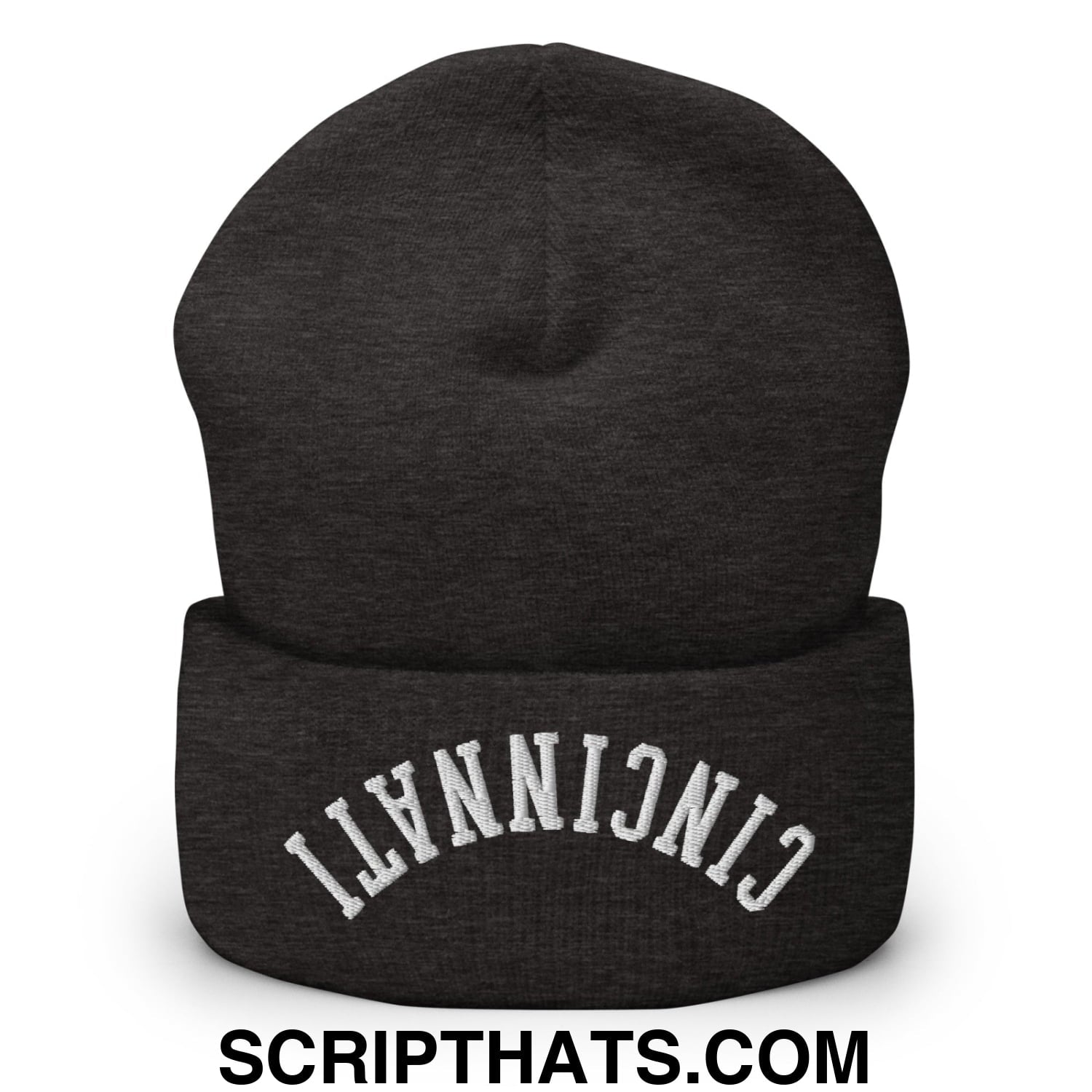 Upside Down Cincinnati Embroidered Cuffed Knit Beanie Dark Grey