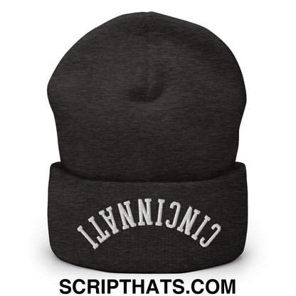 Upside Down Cincinnati Embroidered Cuffed Knit Beanie Dark Grey
