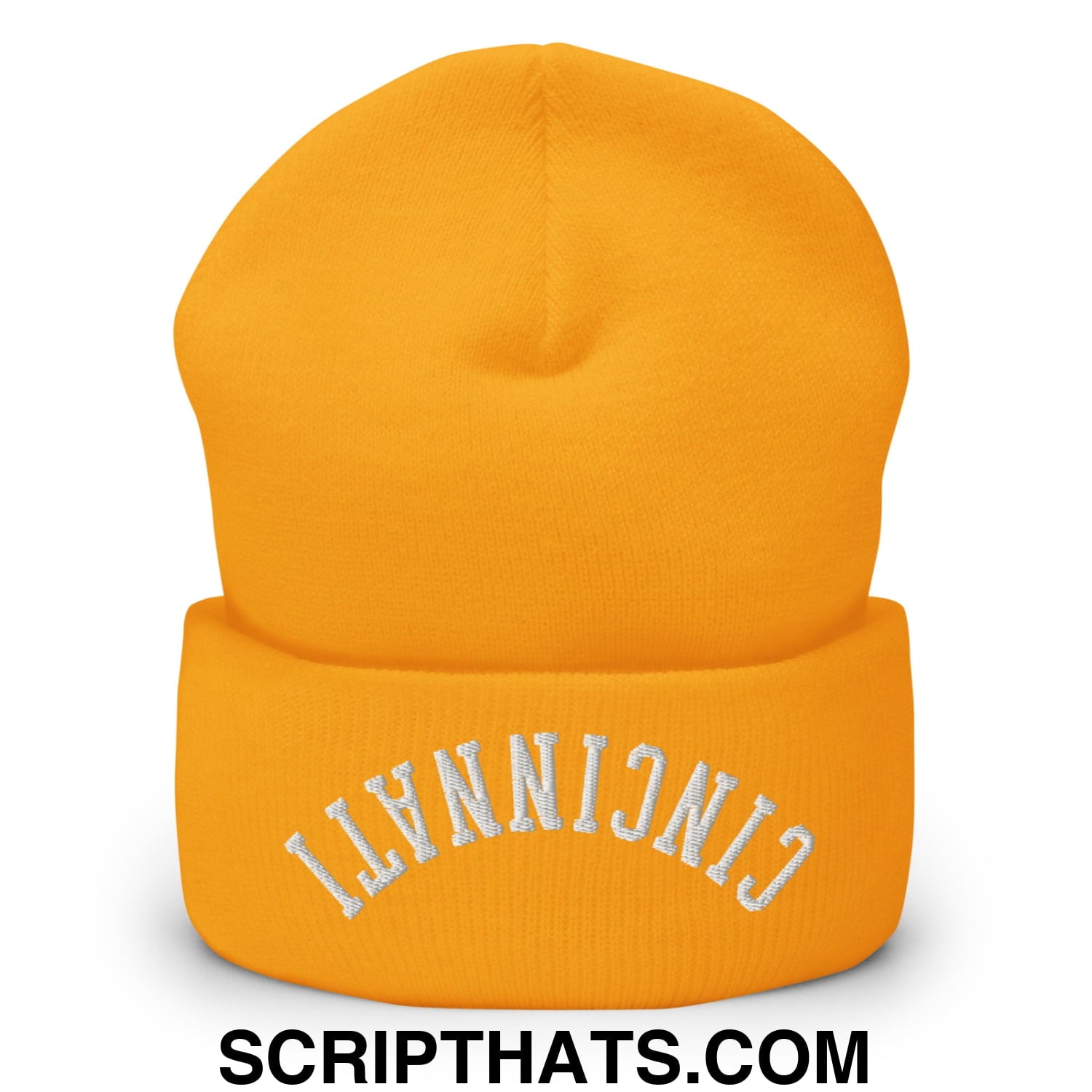 Upside Down Cincinnati Embroidered Cuffed Knit Beanie Gold
