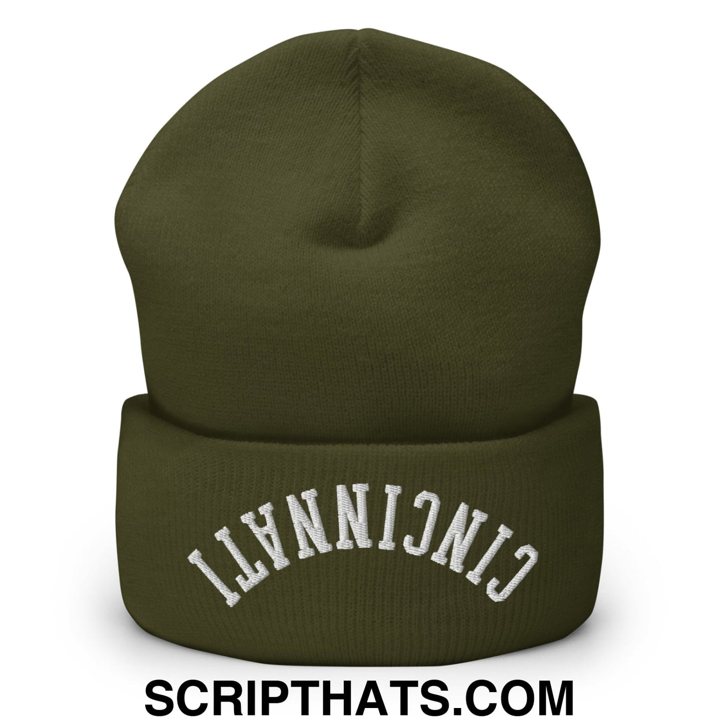Upside Down Cincinnati Embroidered Cuffed Knit Beanie Olive