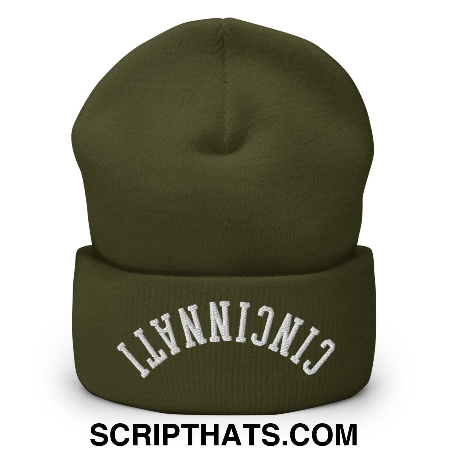 Upside Down Cincinnati Embroidered Cuffed Knit Beanie Olive