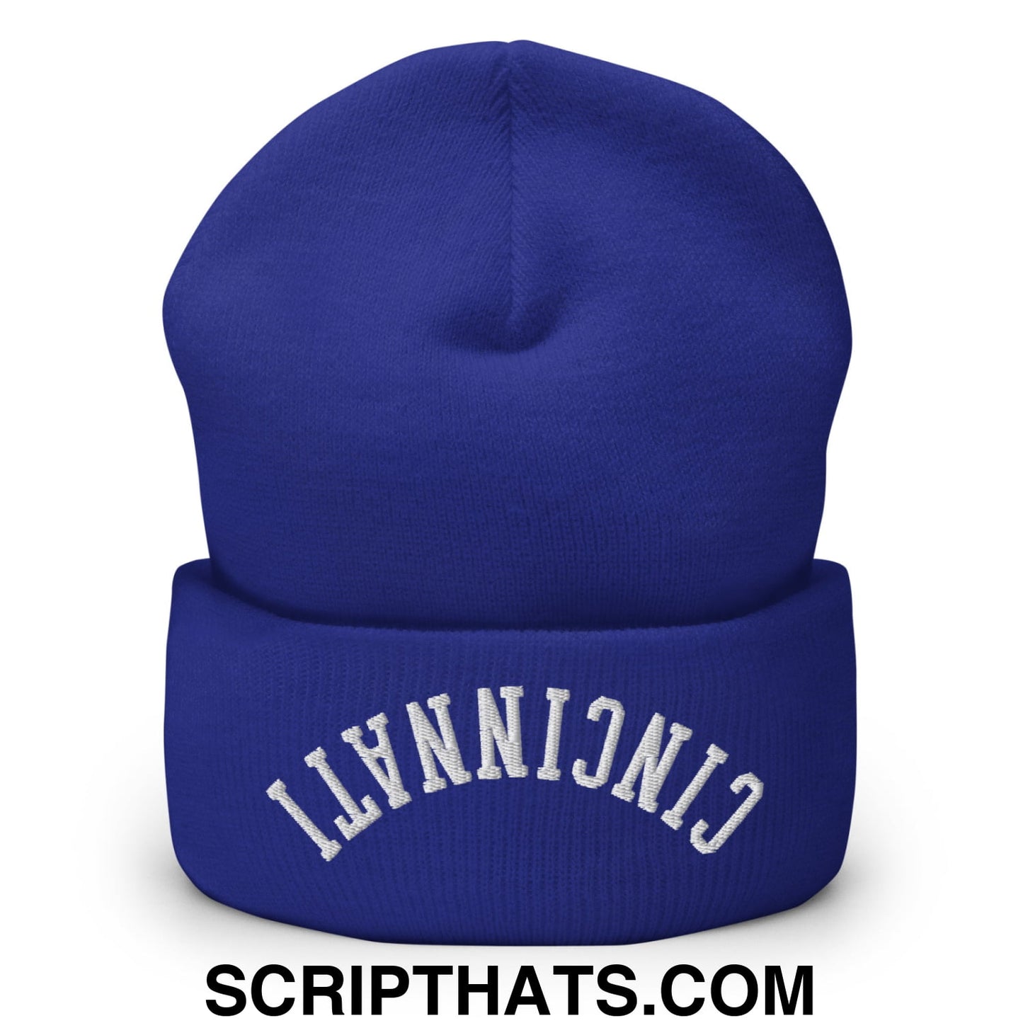 Upside Down Cincinnati Embroidered Cuffed Knit Beanie Royal
