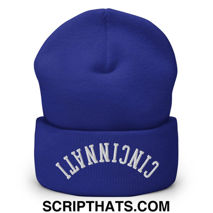 Upside Down Cincinnati Embroidered Cuffed Knit Beanie Royal