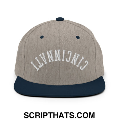 Upside Down Cincinnati Embroidered Flat Bill Brim Snapback Hat Heather Grey Navy