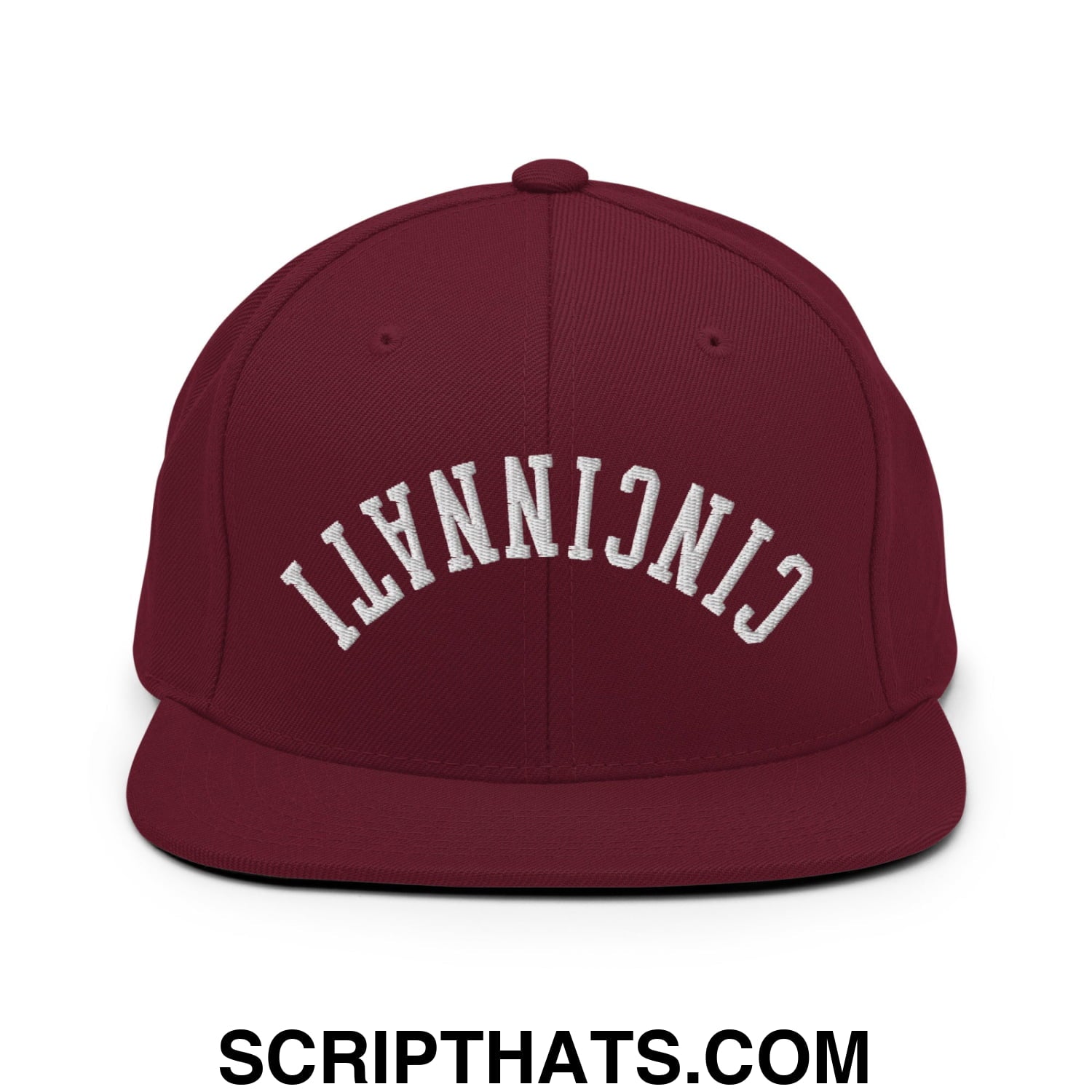 Upside Down Cincinnati Embroidered Flat Bill Brim Snapback Hat Maroon