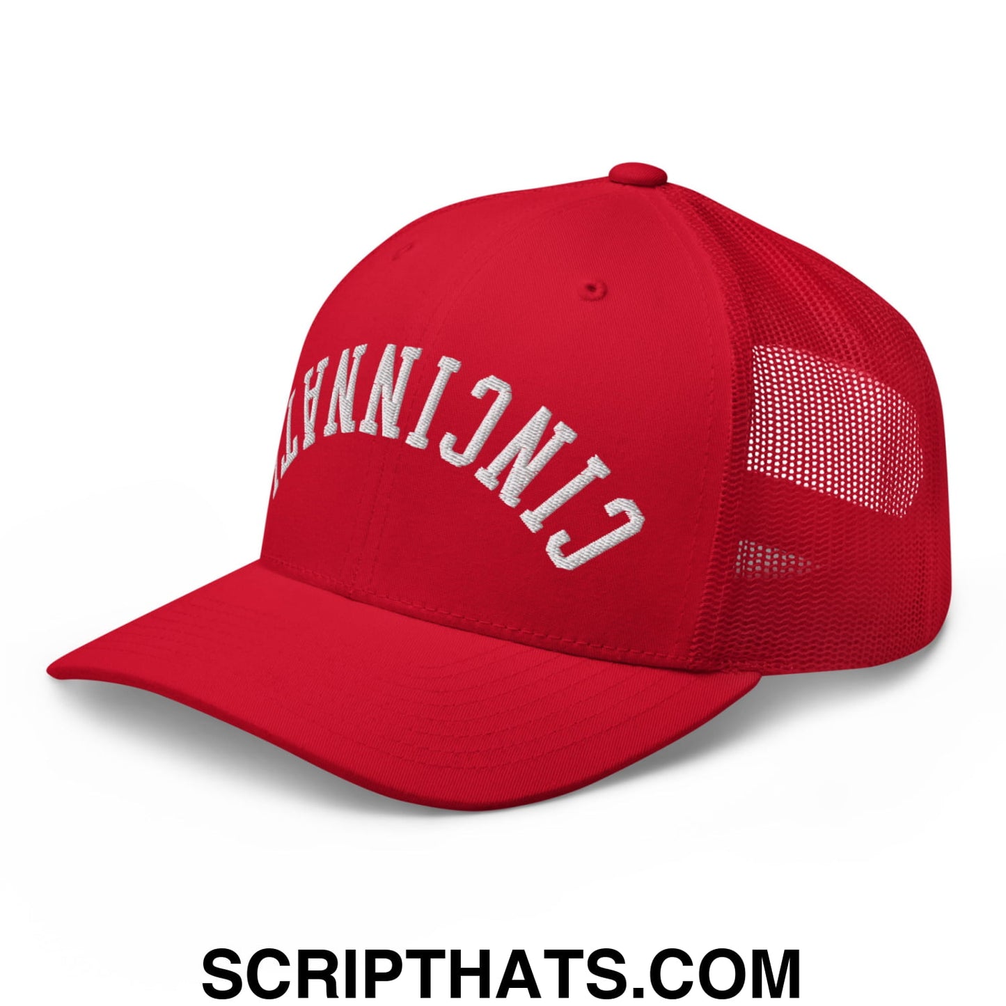 Upside Down Cincinnati Embroidered Mesh Trucker Hat Red
