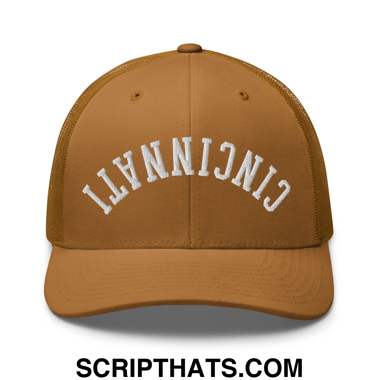 Upside Down Cincinnati Embroidered Mesh Trucker Hat Caramel