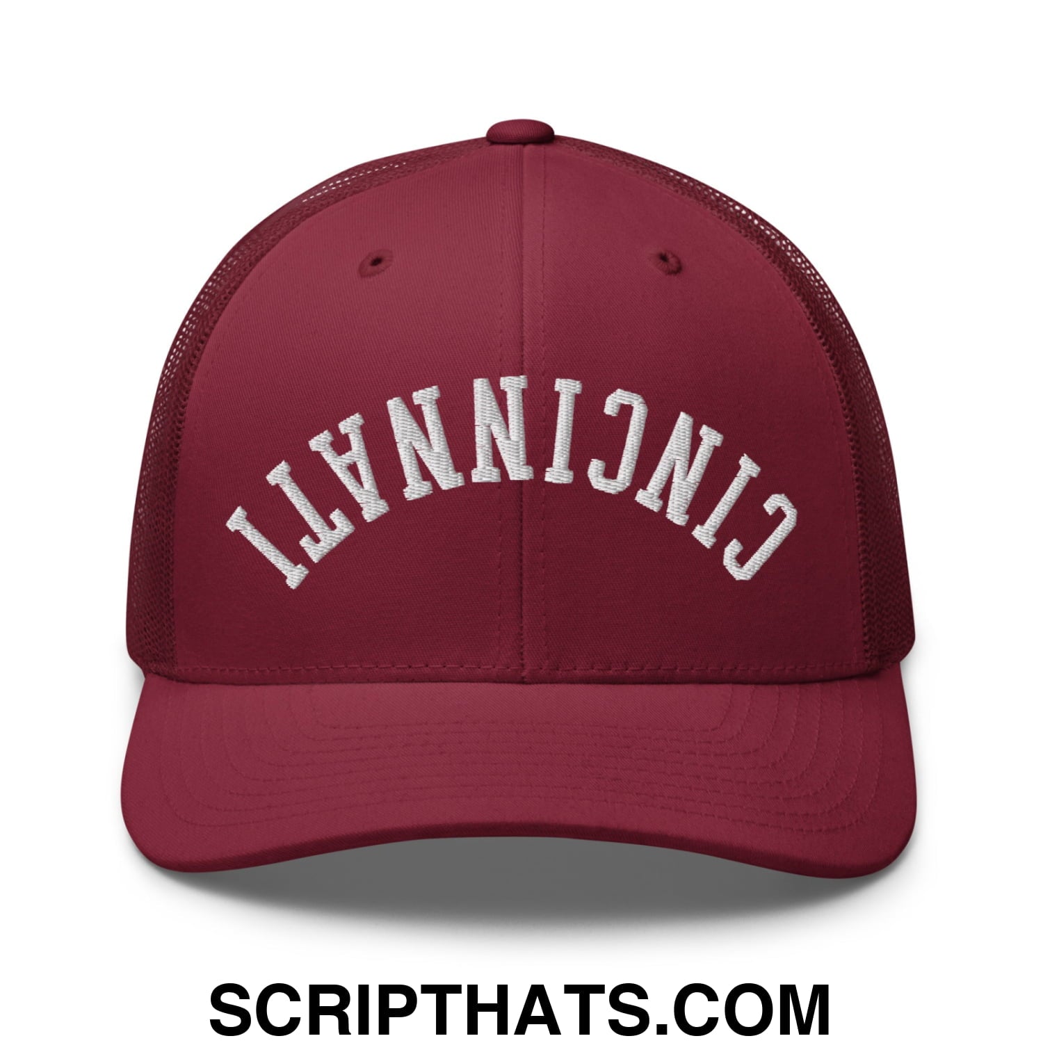 Upside Down Cincinnati Embroidered Mesh Trucker Hat Cranberry