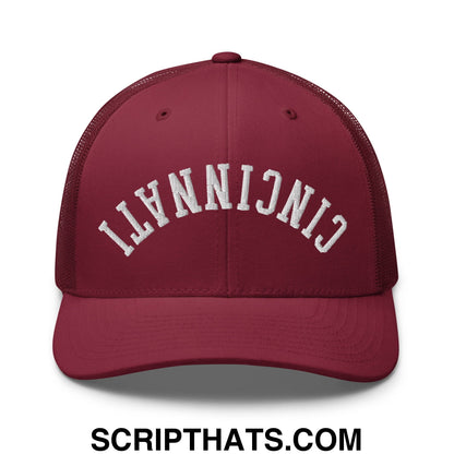 Upside Down Cincinnati Embroidered Mesh Trucker Hat Cranberry
