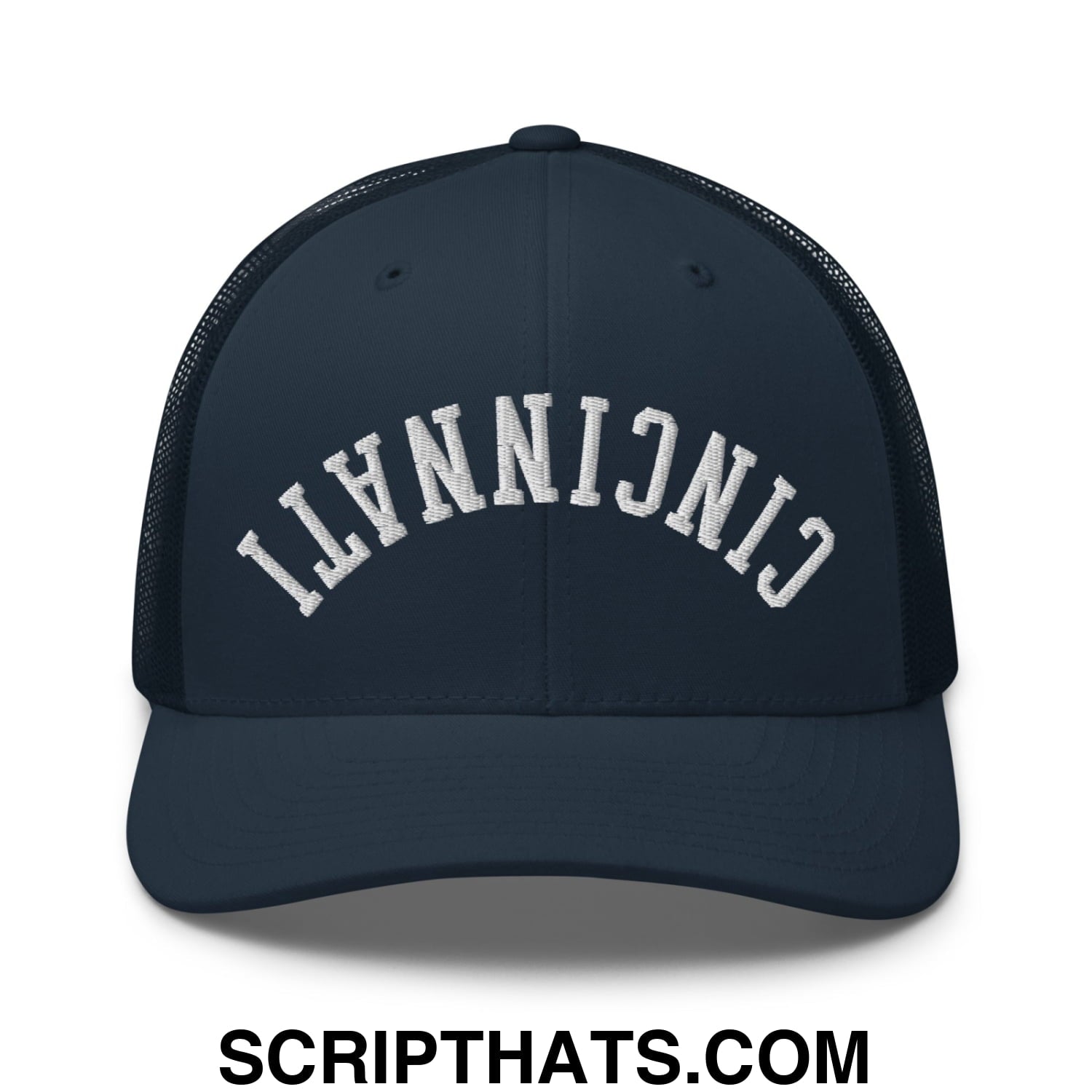 Upside Down Cincinnati Embroidered Mesh Trucker Hat Navy