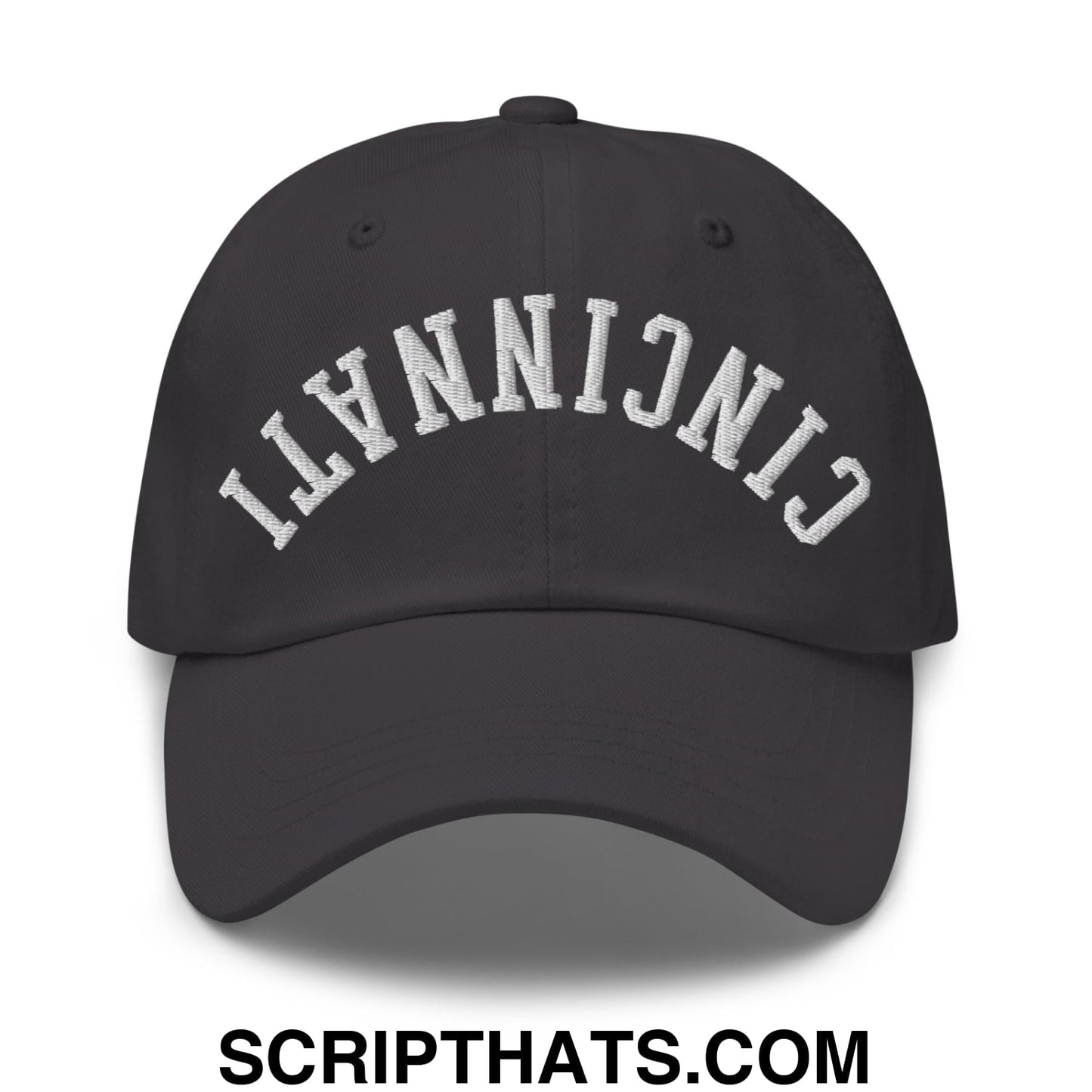 Upside Down Cincinnati Embroidered Unstructured Dad Hat Dark Grey