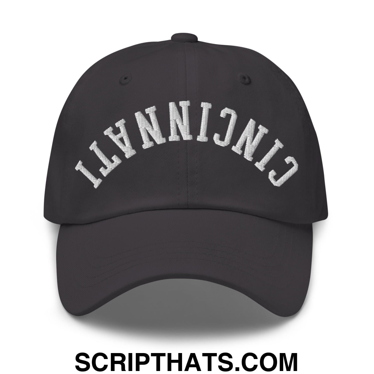 Upside Down Cincinnati Embroidered Unstructured Dad Hat Dark Grey