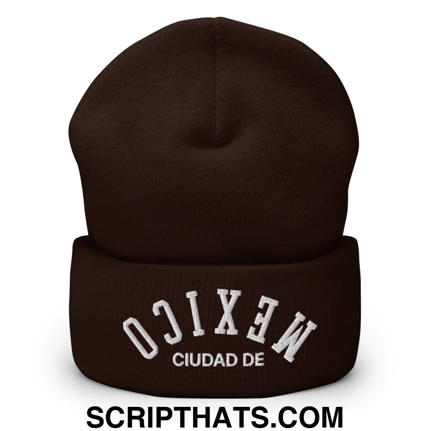 Upside Down Ciudad de Mexico Embroidered Cuffed Knit Beanie Brown