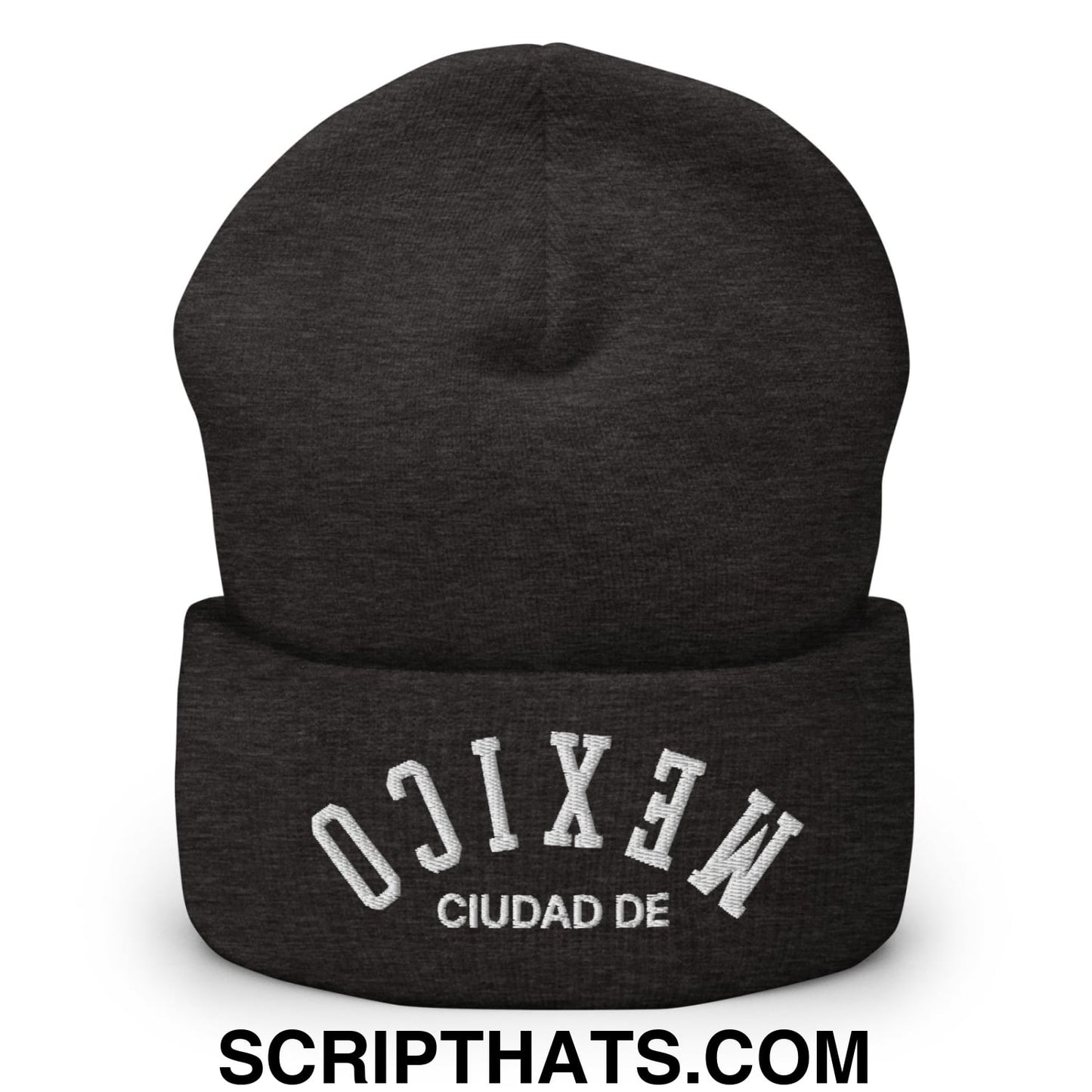 Upside Down Ciudad de Mexico Embroidered Cuffed Knit Beanie Dark Grey