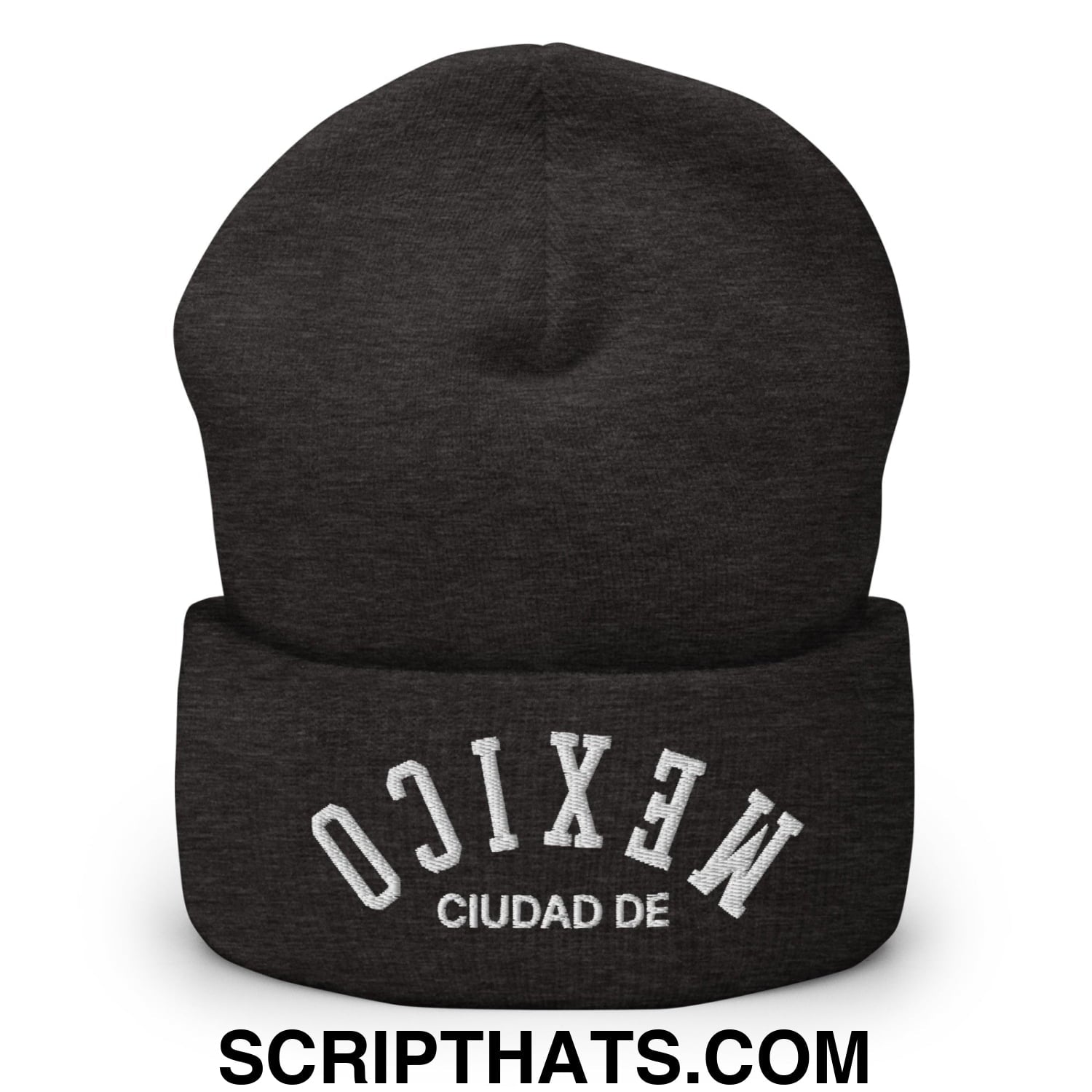 Upside Down Ciudad de Mexico Embroidered Cuffed Knit Beanie Dark Grey