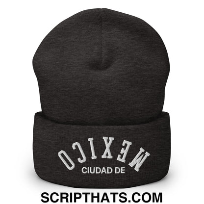 Upside Down Ciudad de Mexico Embroidered Cuffed Knit Beanie Dark Grey