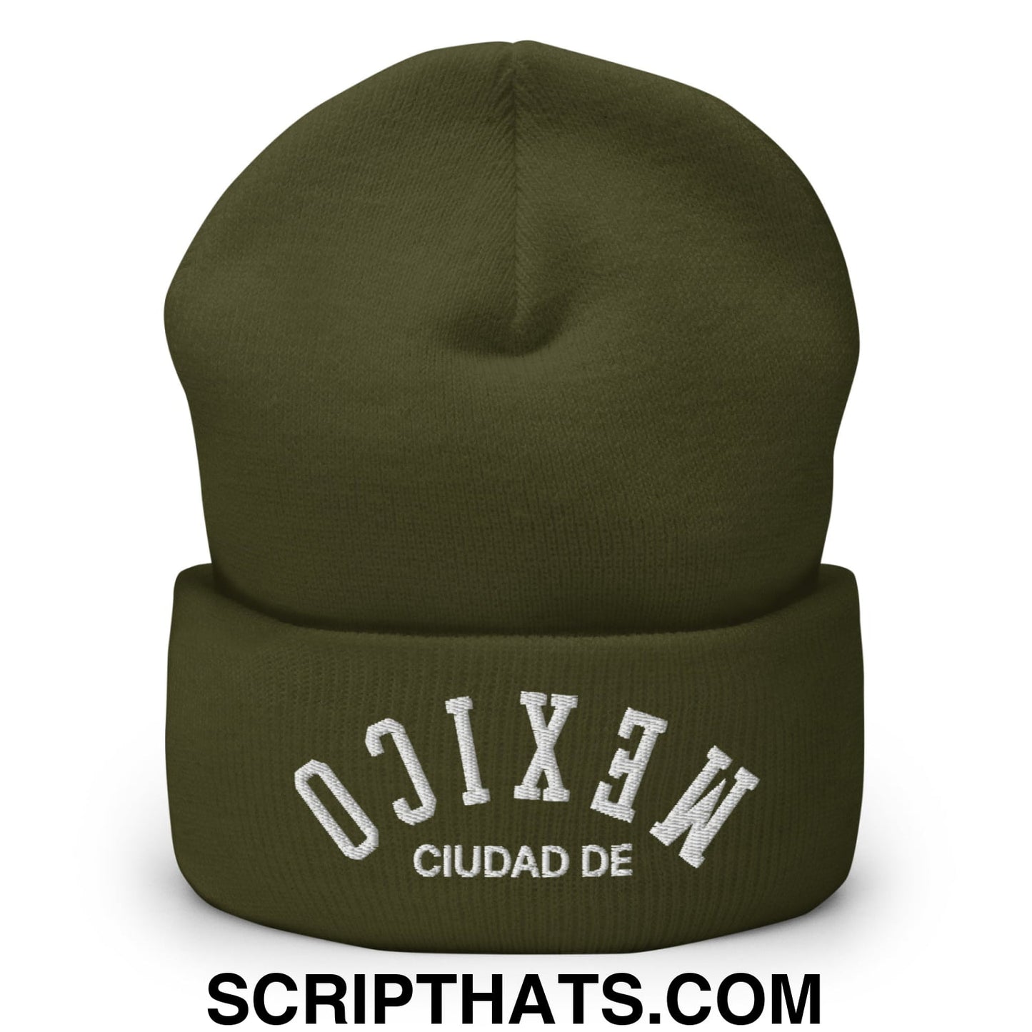 Upside Down Ciudad de Mexico Embroidered Cuffed Knit Beanie Olive