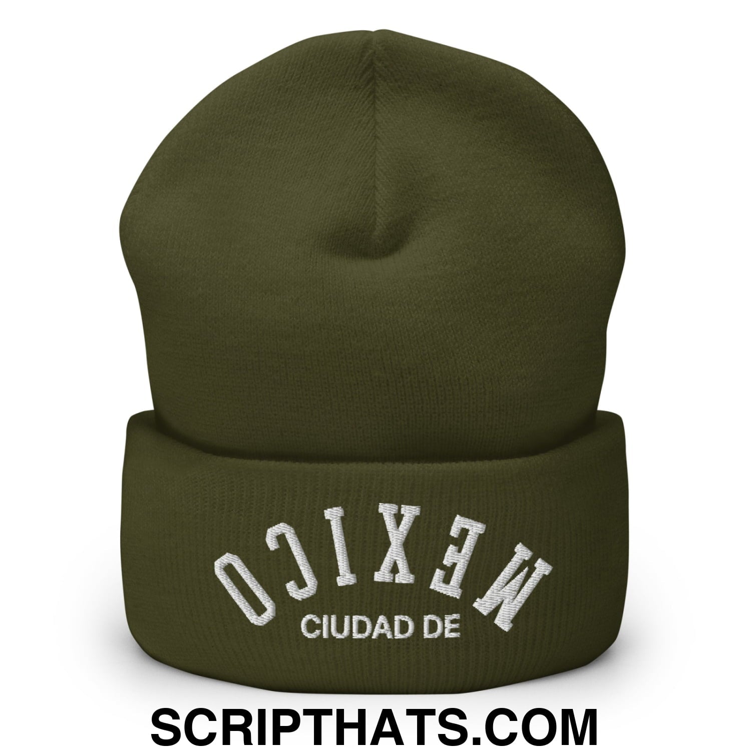 Upside Down Ciudad de Mexico Embroidered Cuffed Knit Beanie Olive