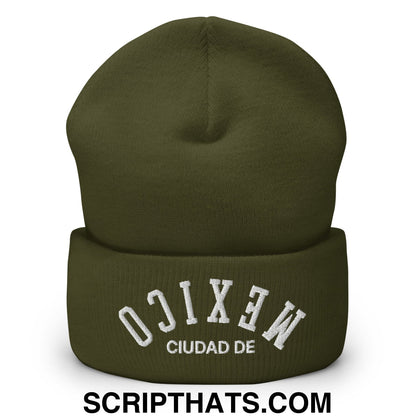 Upside Down Ciudad de Mexico Embroidered Cuffed Knit Beanie Olive