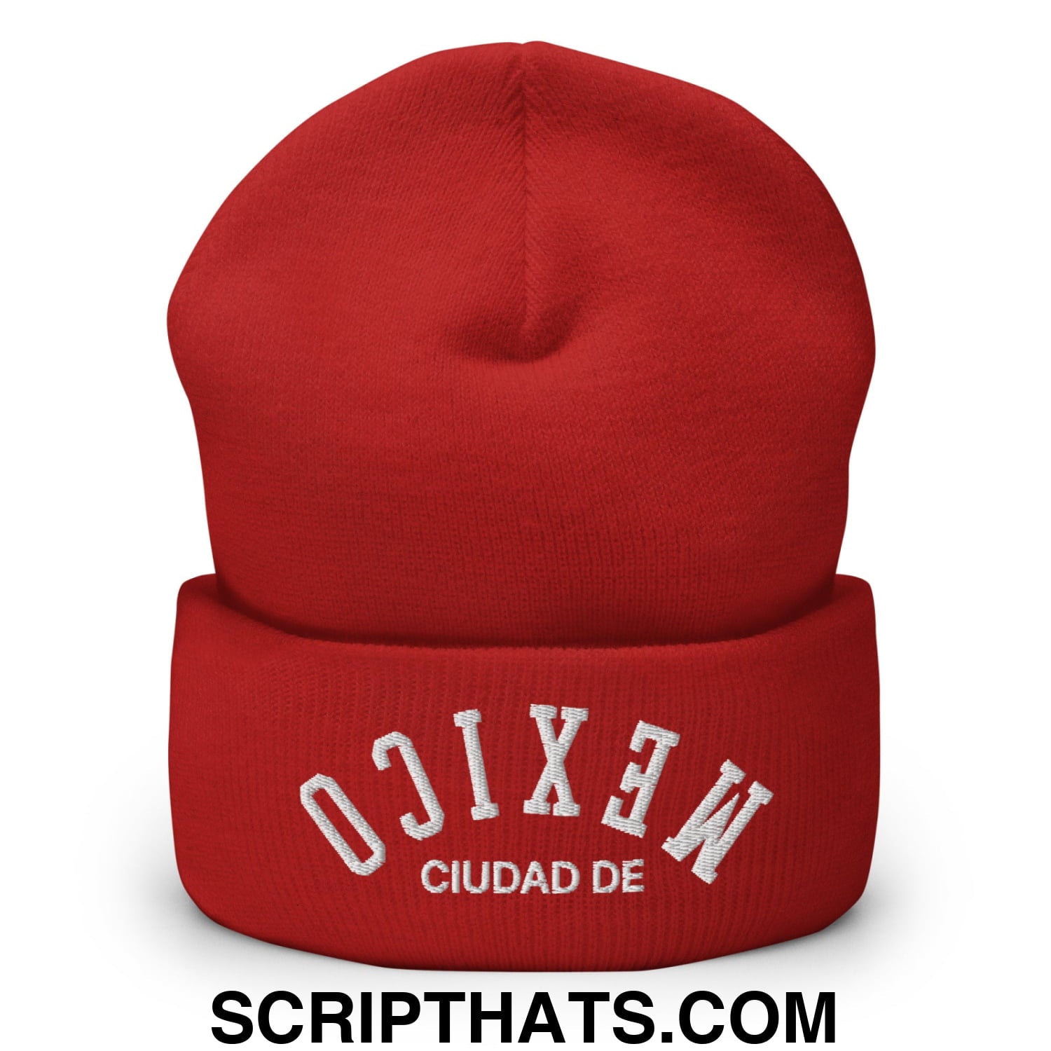 Upside Down Ciudad de Mexico Embroidered Cuffed Knit Beanie Red