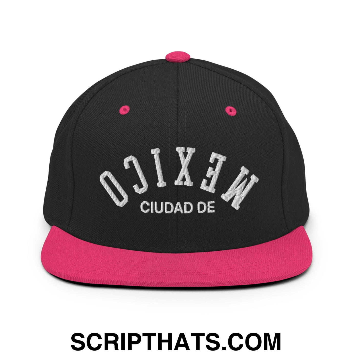 Upside Down Ciudad De Mexico Embroidered Flat Bill Brim Snapback Hat Black Neon Pink